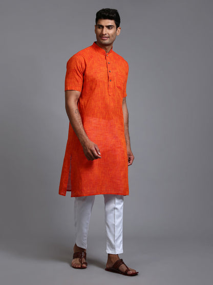 VASTRAMAY Men's Solid Orange Pure Cotton Kurta Pant Set