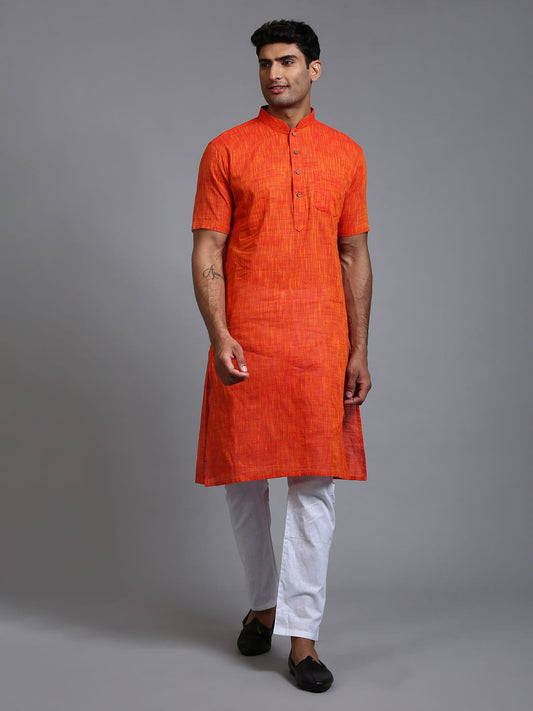 VASTRAMAY Men's Solid Orange Pure Cotton Kurta Pyjama Set