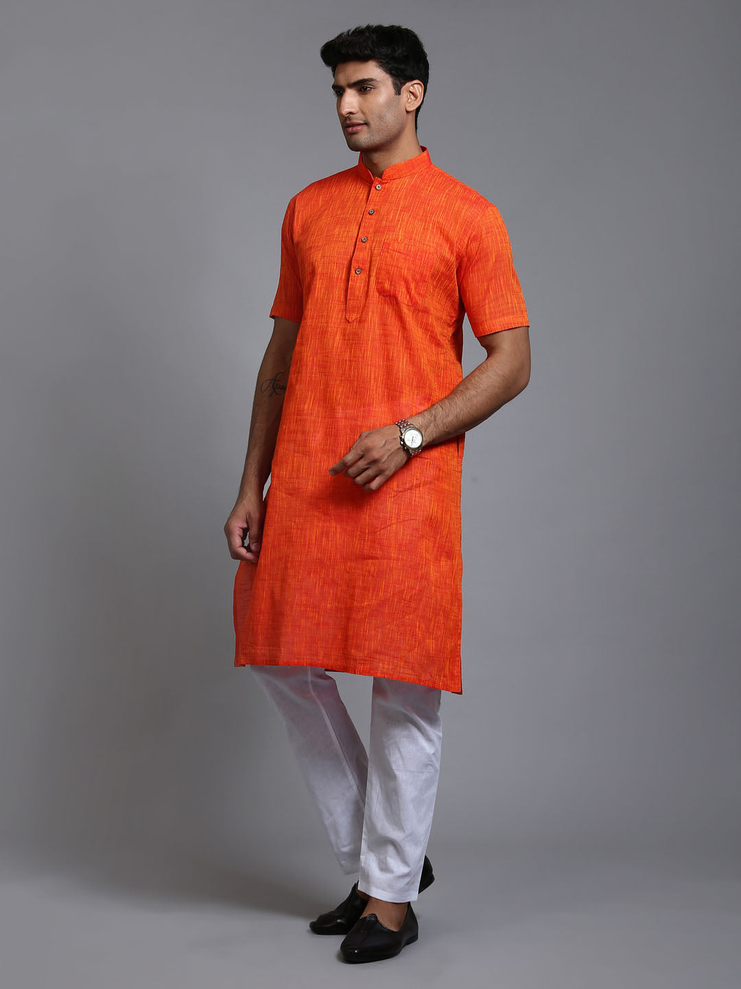 VASTRAMAY Men's Solid Orange Pure Cotton Kurta Pyjama Set