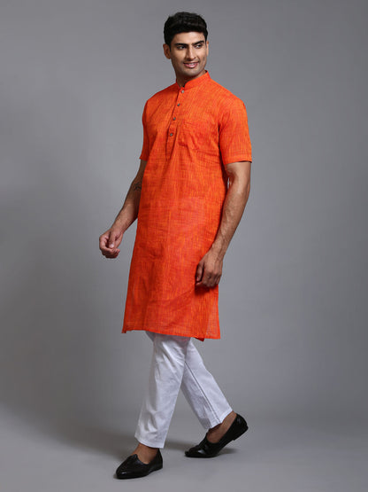 VASTRAMAY Men's Solid Orange Pure Cotton Kurta Pyjama Set