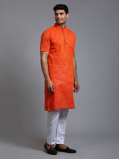 VASTRAMAY Men's Solid Orange Pure Cotton Kurta Pyjama Set