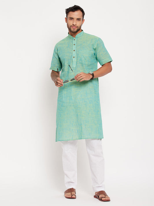 VM BY VASTRAMAY Men's Solid Parrot Green Pure Cotton Kurta With White Pyjama Set