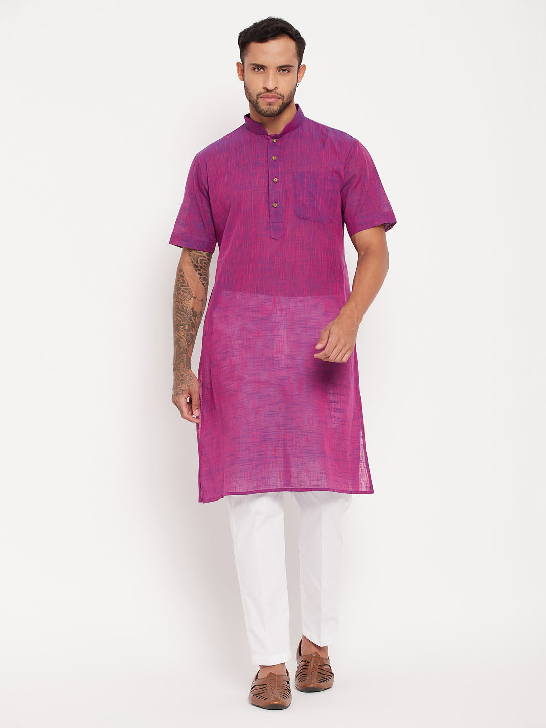 vastramay mens solid purple pure cotton kurta with white pant style pyjama set