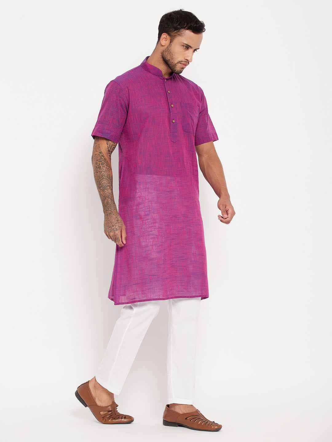 vastramay mens solid purple pure cotton kurta with white pant style pyjama set