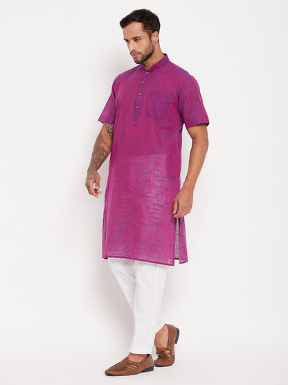 vastramay mens solid purple pure cotton kurta with white pant style pyjama set