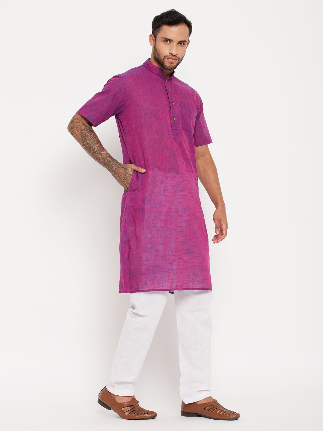 VASTRAMAY Men's Solid Purple Pure Cotton Kurta With White Pyjama Set