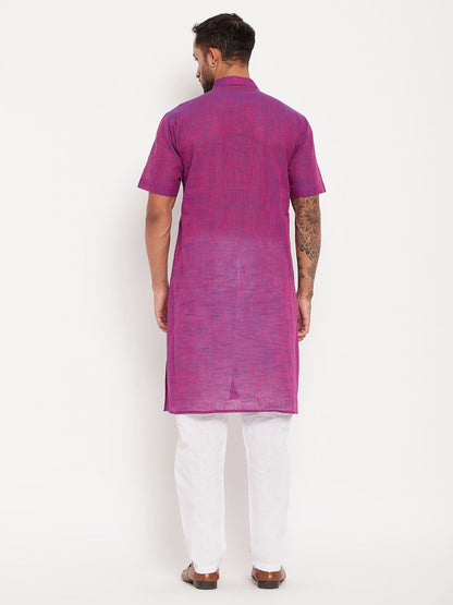 VASTRAMAY Men's Solid Purple Pure Cotton Kurta With White Pyjama Set