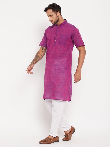 VASTRAMAY Men's Solid Purple Pure Cotton Kurta With White Pyjama Set