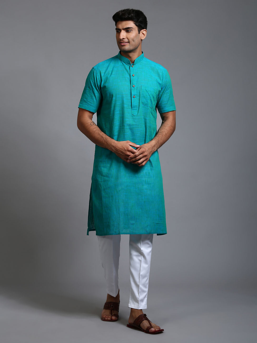 VASTRAMAY Men's Solid Turquoise Blue Pure Cotton Kurta Pant Set