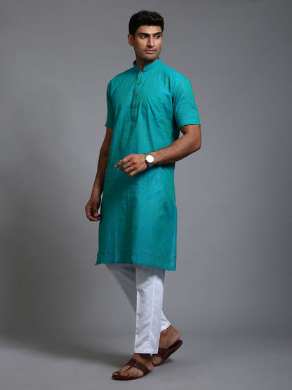 VASTRAMAY Men's Solid Turquoise Blue Pure Cotton Kurta Pant Set