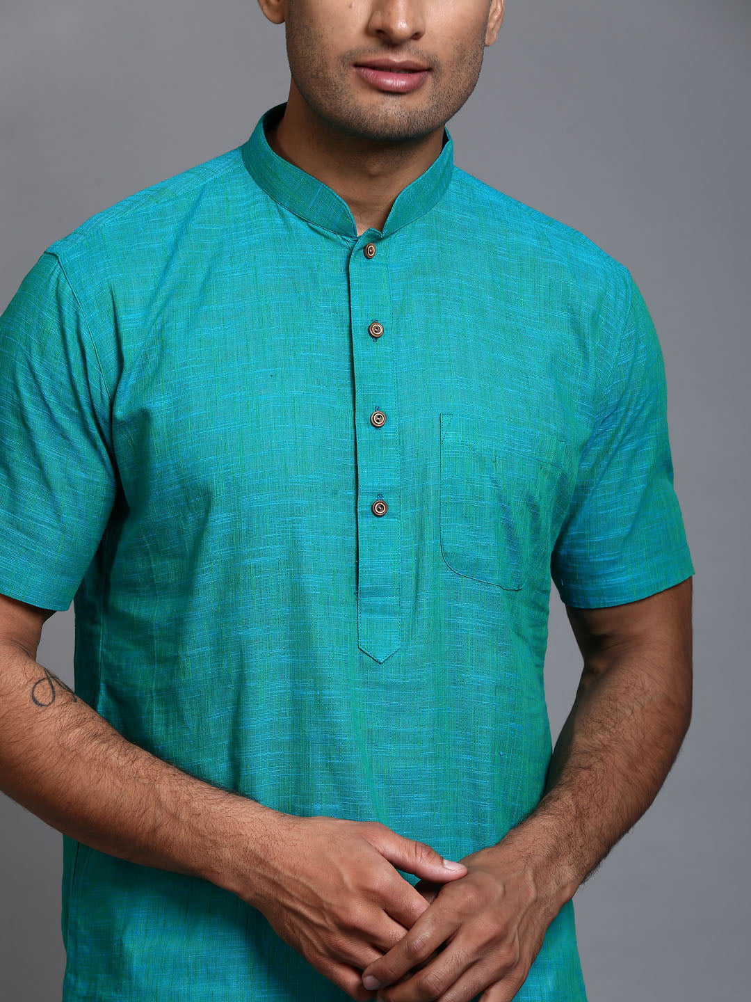 VASTRAMAY Men's Solid Turquoise Blue Pure Cotton Kurta Pant Set