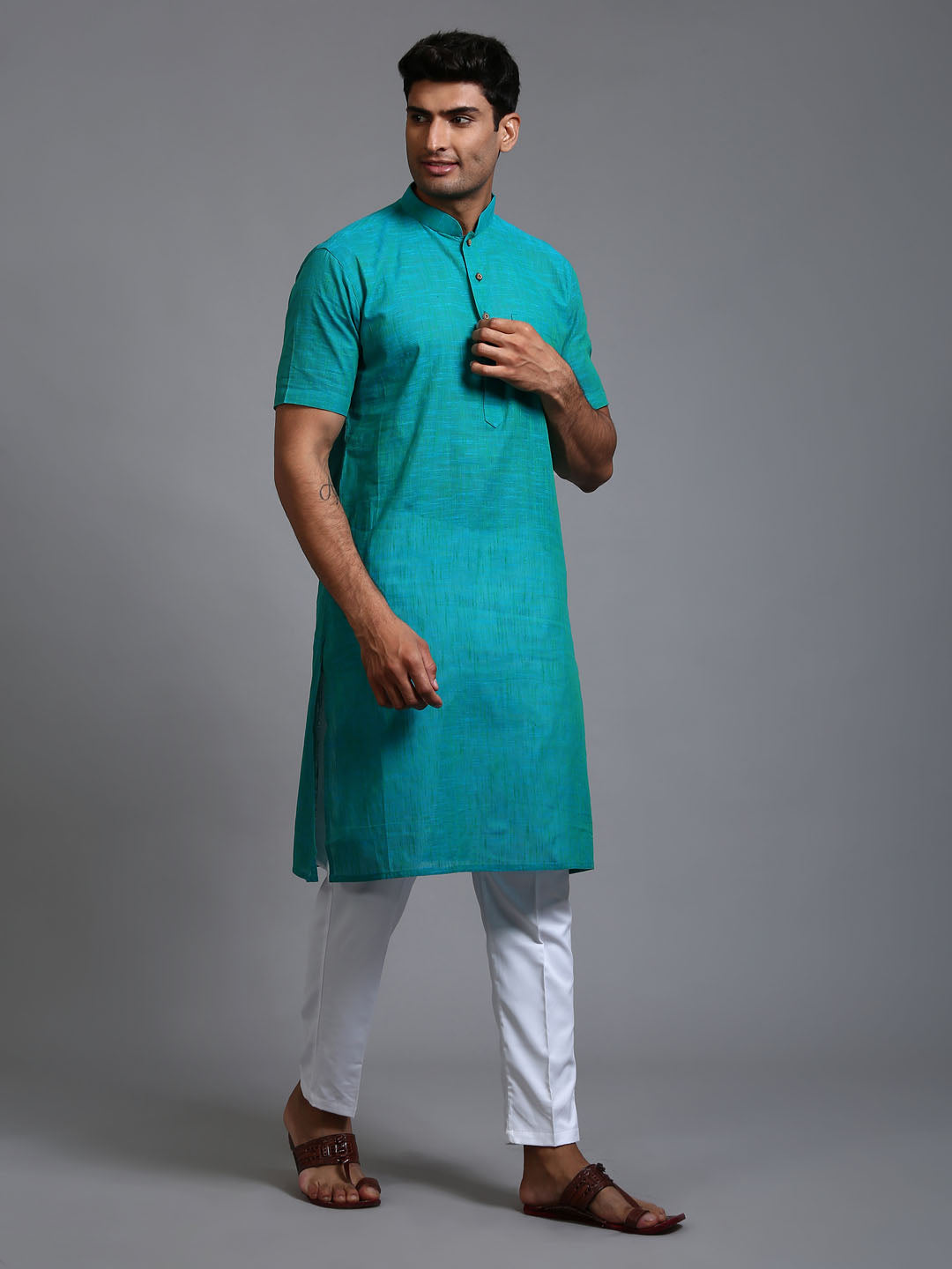 VASTRAMAY Men's Solid Turquoise Blue Pure Cotton Kurta Pant Set