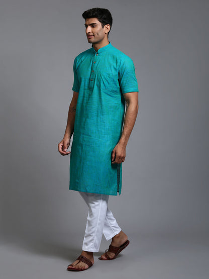 VASTRAMAY Men's Solid Turquoise Blue Pure Cotton Kurta Pant Set