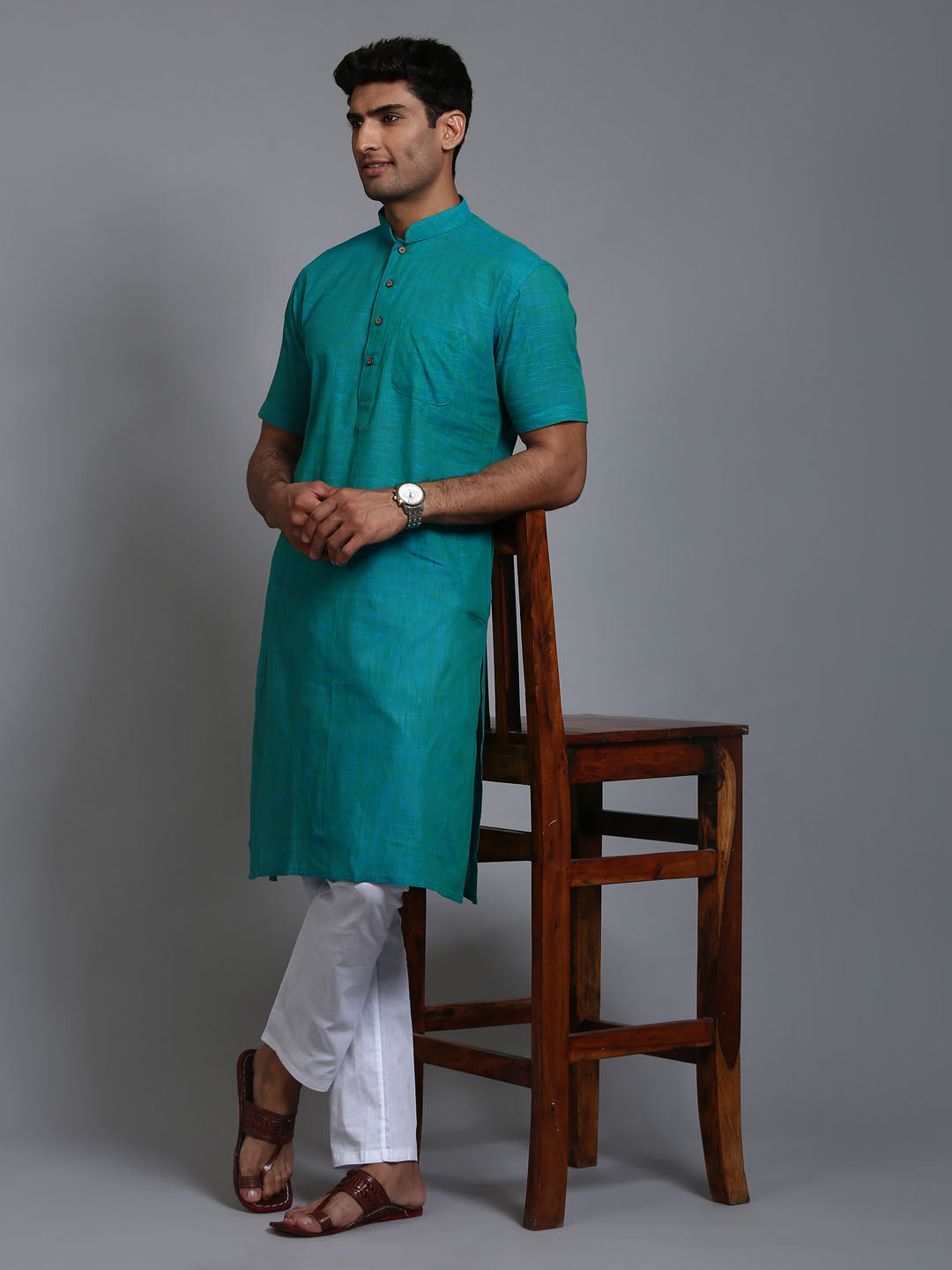 VASTRAMAY Men's Solid Turquoise Blue Pure Cotton Kurta Pyjama Set