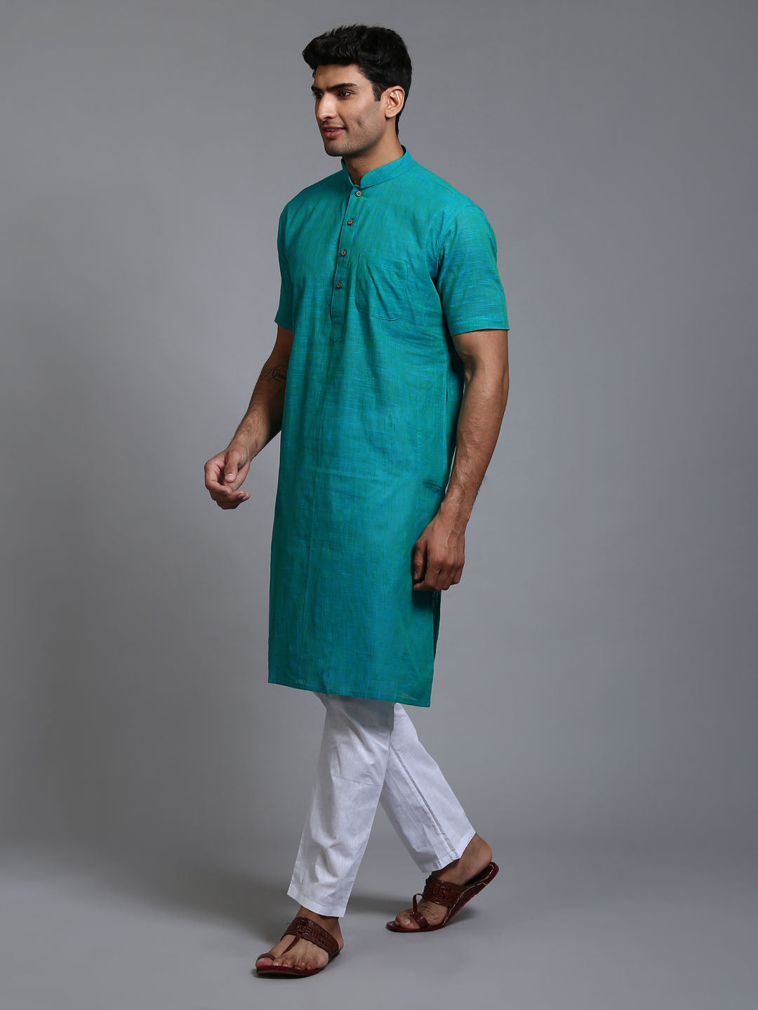 VASTRAMAY Men's Solid Turquoise Blue Pure Cotton Kurta Pyjama Set