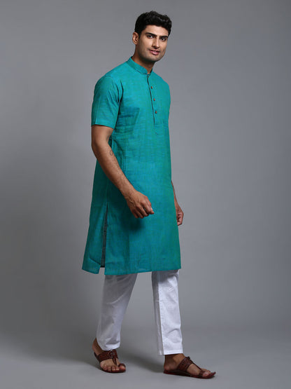 VASTRAMAY Men's Solid Turquoise Blue Pure Cotton Kurta Pyjama Set