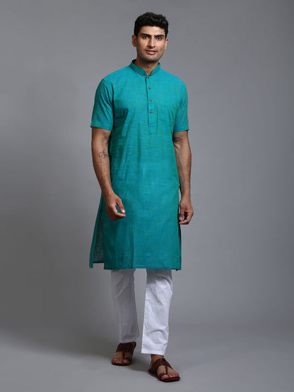 VASTRAMAY Men's Solid Turquoise Blue Pure Cotton Kurta Pyjama Set