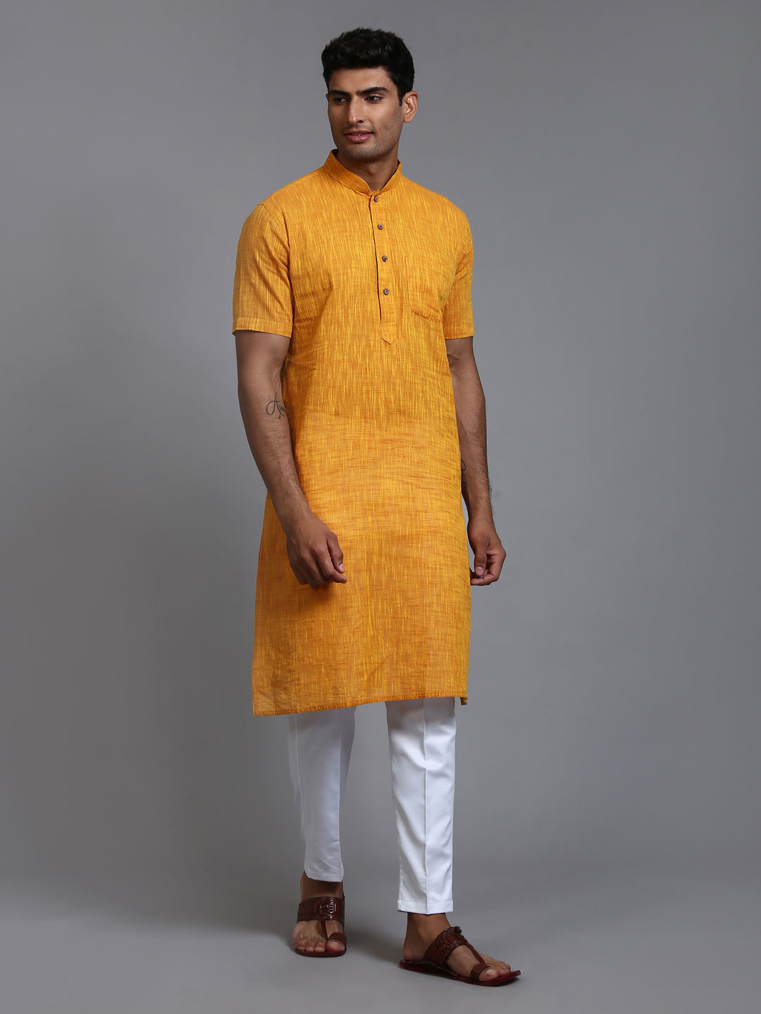 VASTRAMAY Men's Solid Yellow Pure Cotton Kurta Pant Set