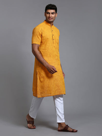 VASTRAMAY Men's Solid Yellow Pure Cotton Kurta Pant Set