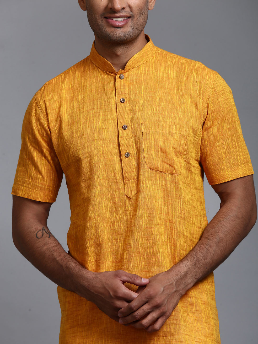 VASTRAMAY Men's Solid Yellow Pure Cotton Kurta Pant Set