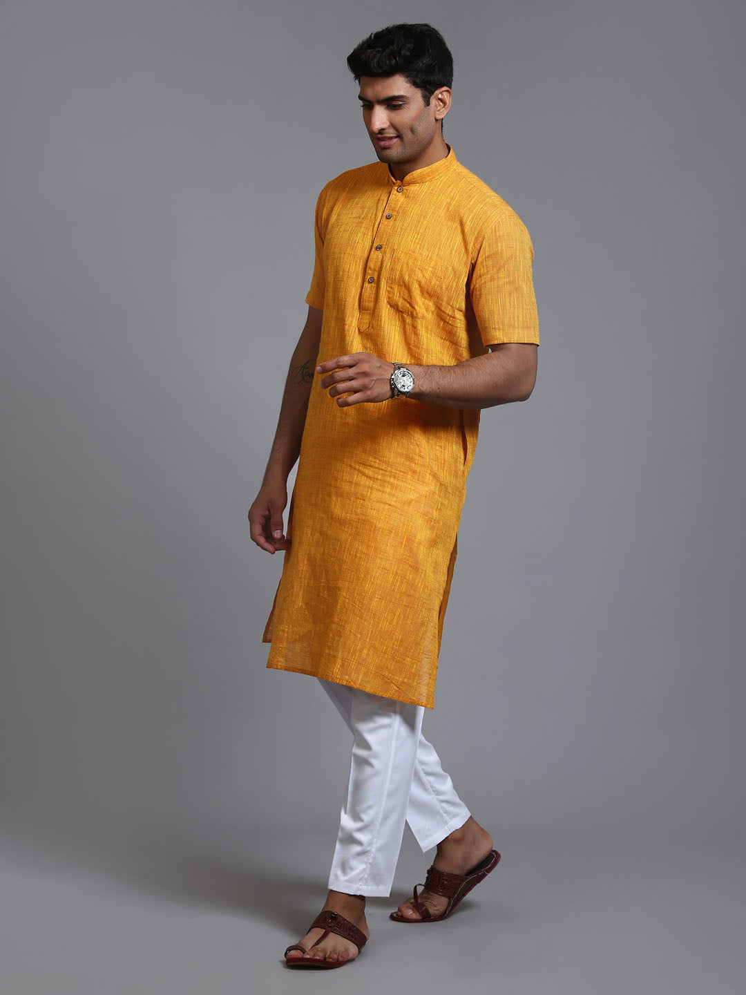 VASTRAMAY Men's Solid Yellow Pure Cotton Kurta Pant Set