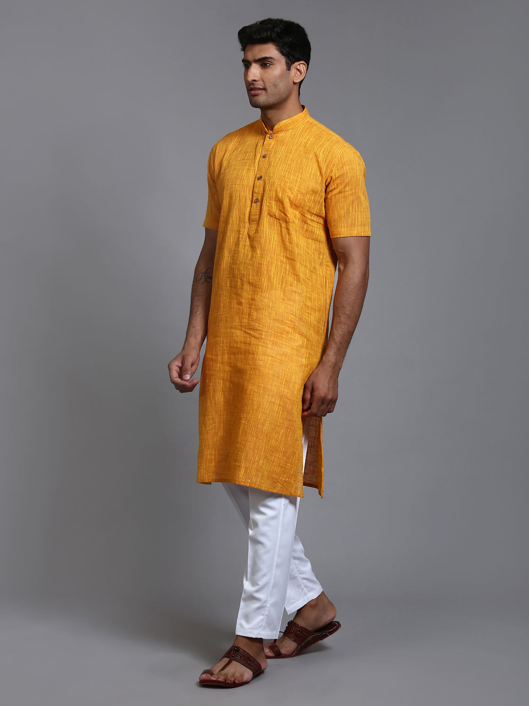 VASTRAMAY Men's Solid Yellow Pure Cotton Kurta Pant Set