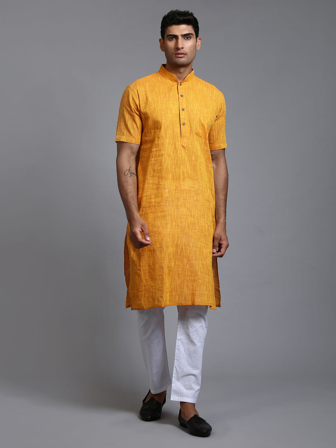 VASTRAMAY Men's Solid Yellow Pure Cotton Kurta Pyjama Set