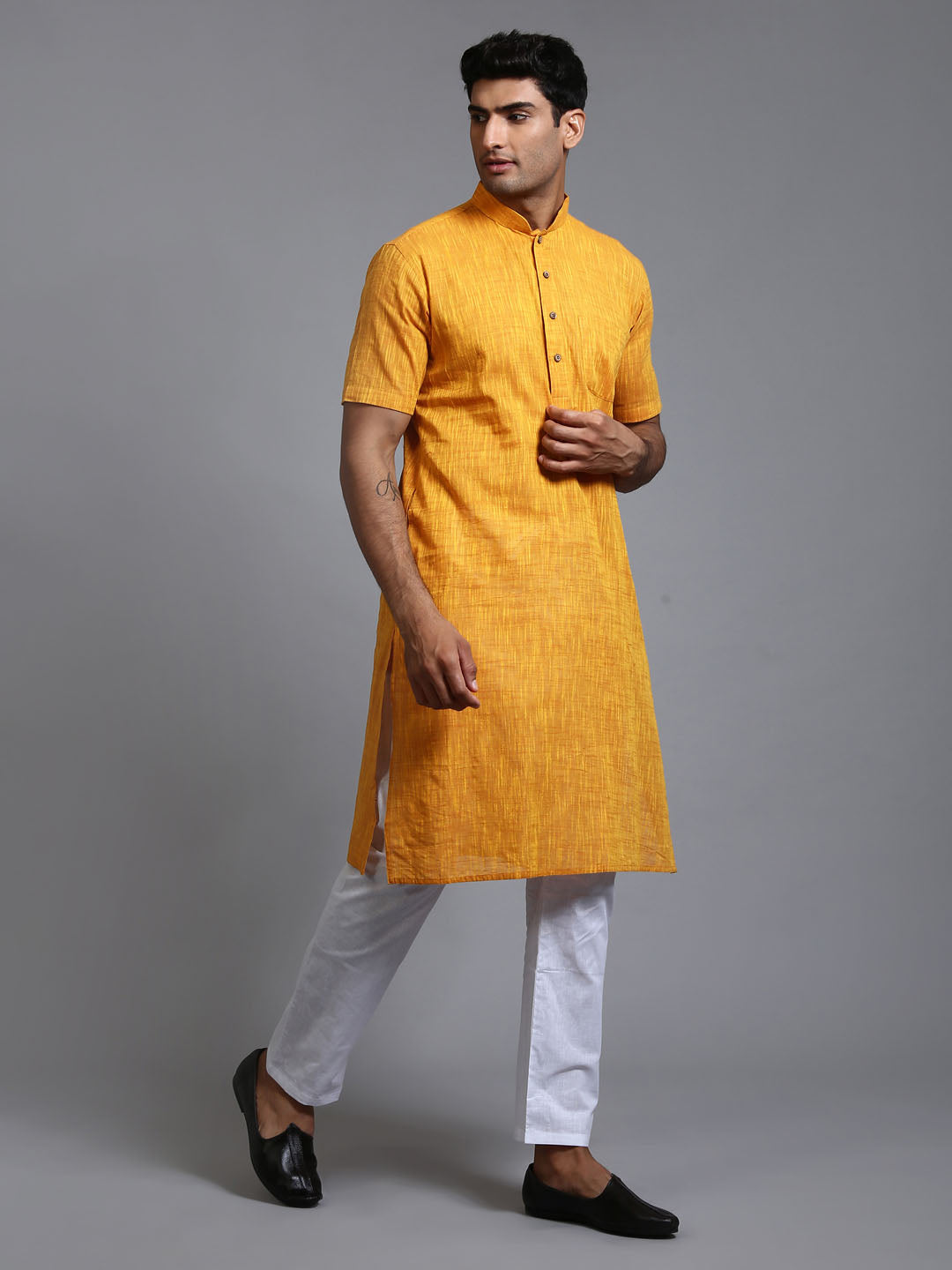 VASTRAMAY Men's Solid Yellow Pure Cotton Kurta Pyjama Set