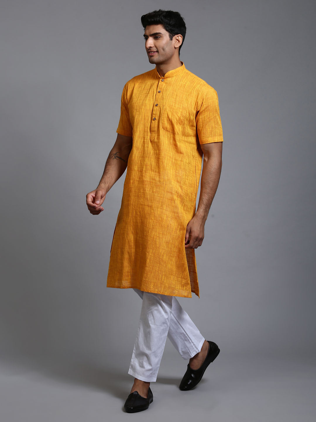 VASTRAMAY Men's Solid Yellow Pure Cotton Kurta Pyjama Set