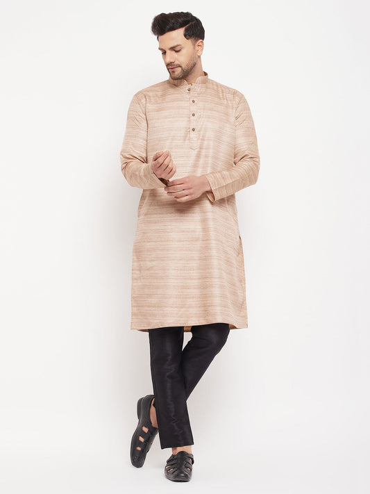 vastramay mens beige matla silk kurta and black pant style pyjama set