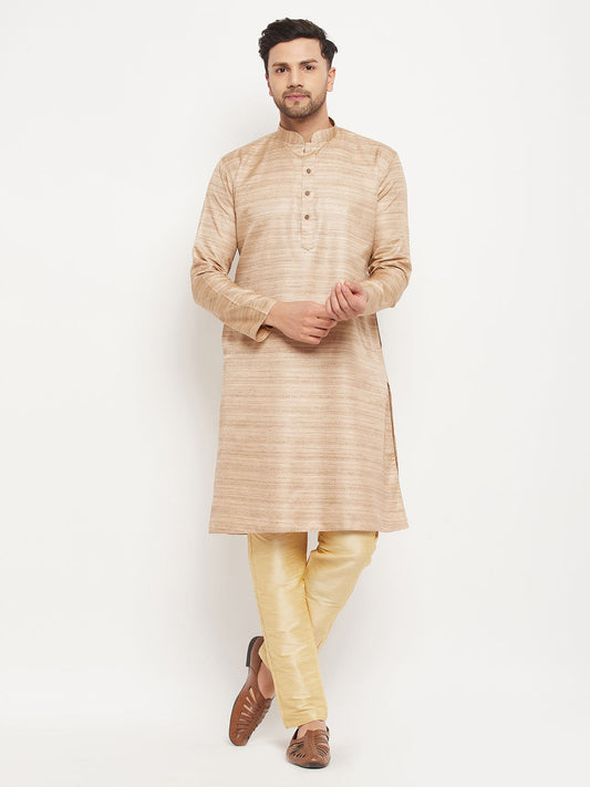 vastramay mens beige matla silk kurta and gold pant style pyjama set