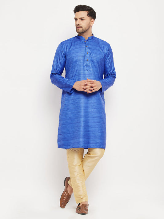 vastramay mens blue matla silk kurta and gold pant style pyjama set