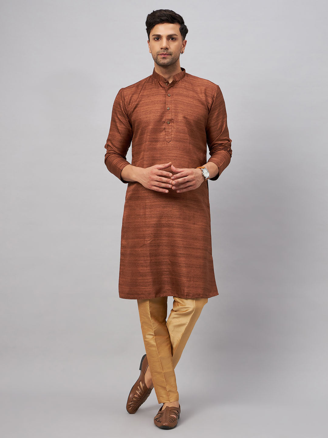 VASTRAMAY Men's Coffee Kurta And Rose Gold Pant Set