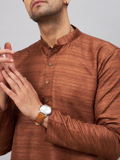 VASTRAMAY Men's Coffee Kurta And Rose Gold Pant Set