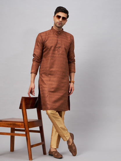 VM BY VASTRAMAY Men's Coffee Kurta And Rose Gold Pant Set