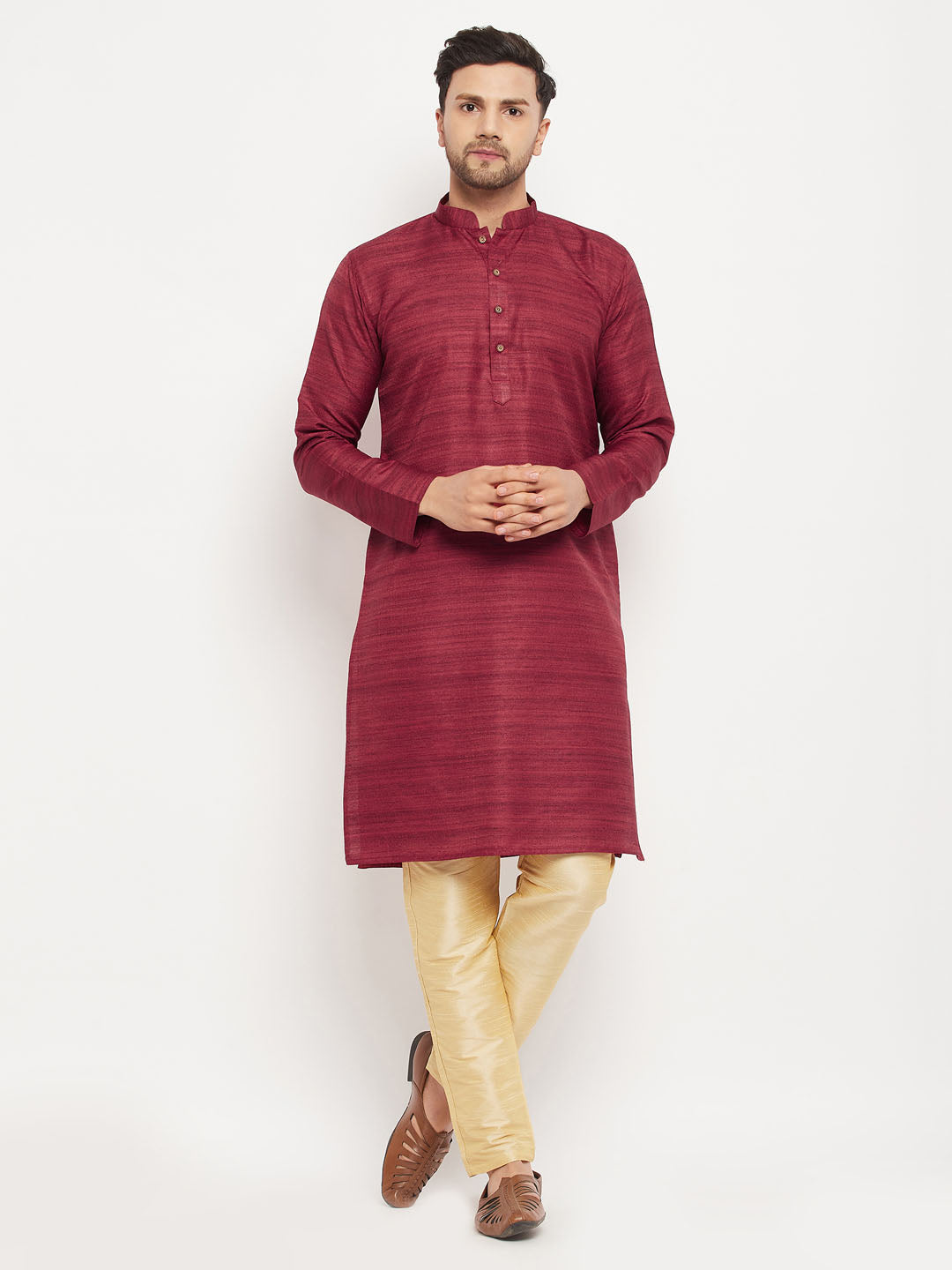 vastramay mens maroon matla silk kurta and gold pant style pyjama set