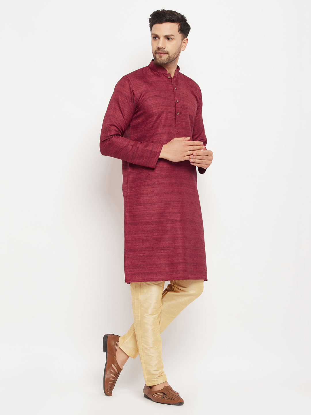 vastramay mens maroon matla silk kurta and gold pant style pyjama set