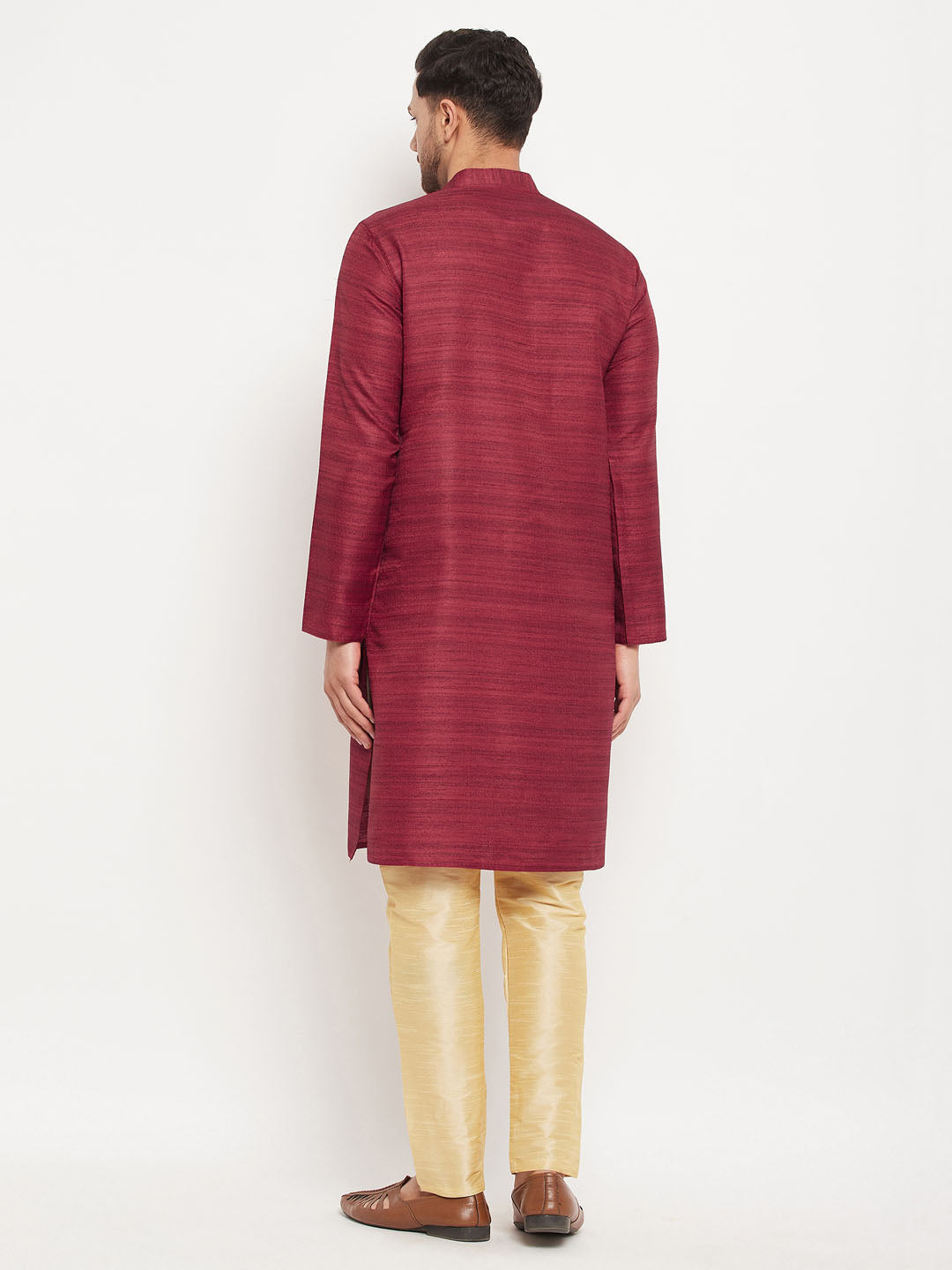 vastramay mens maroon matla silk kurta and gold pant style pyjama set