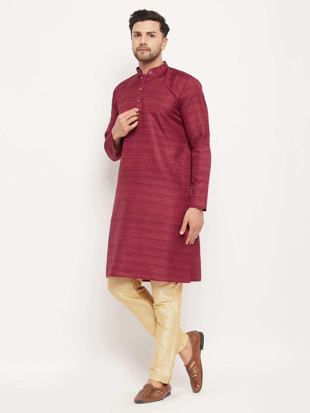 vastramay mens maroon matla silk kurta and gold pant style pyjama set