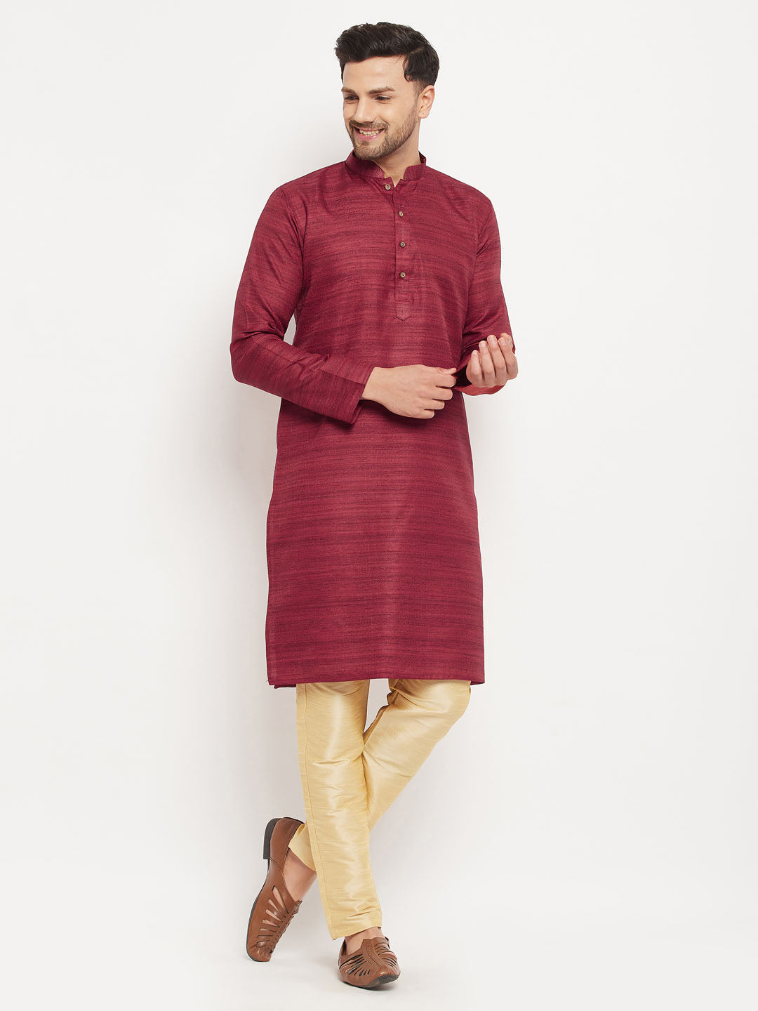 vastramay mens maroon matla silk kurta and gold pant style pyjama set