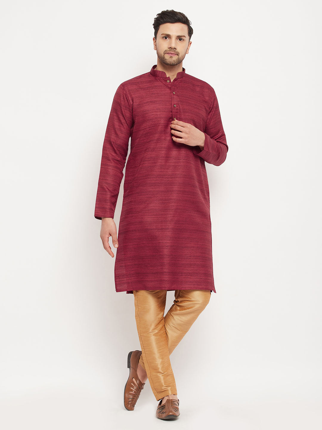 vastramay mens maroon matla silk kurta and rose gold pant style pyjama set