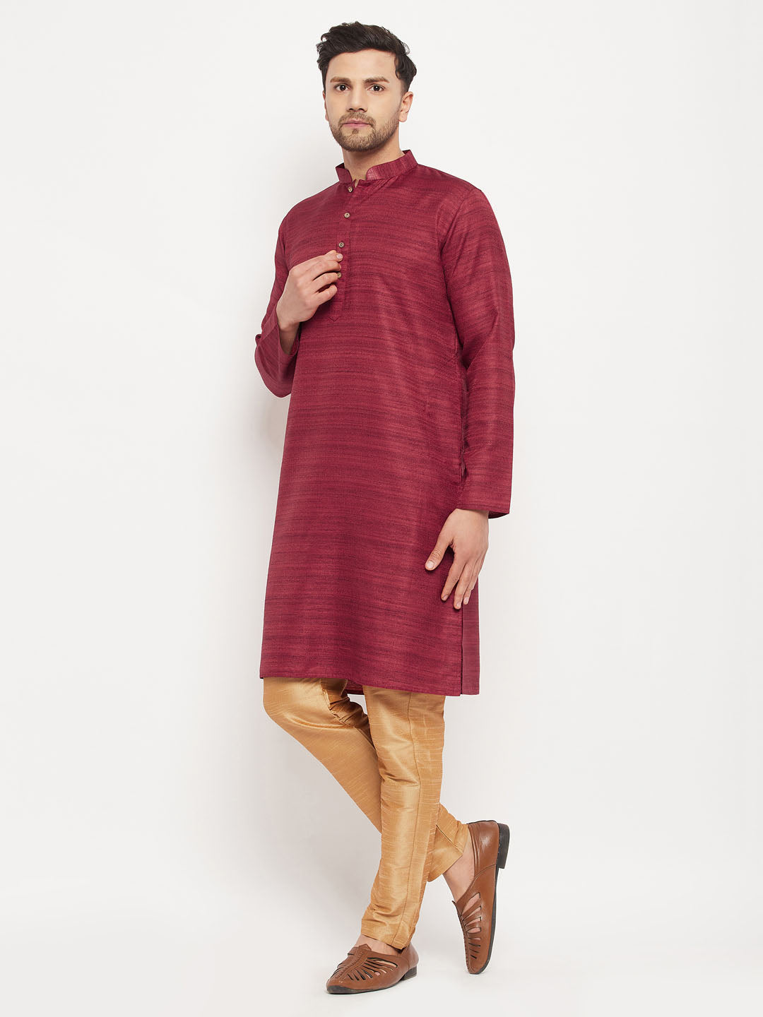 vastramay mens maroon matla silk kurta and rose gold pant style pyjama set