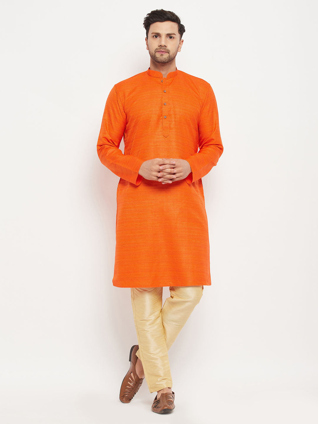 vastramay mens orange matla silk kurta and gold pant style pyjama set