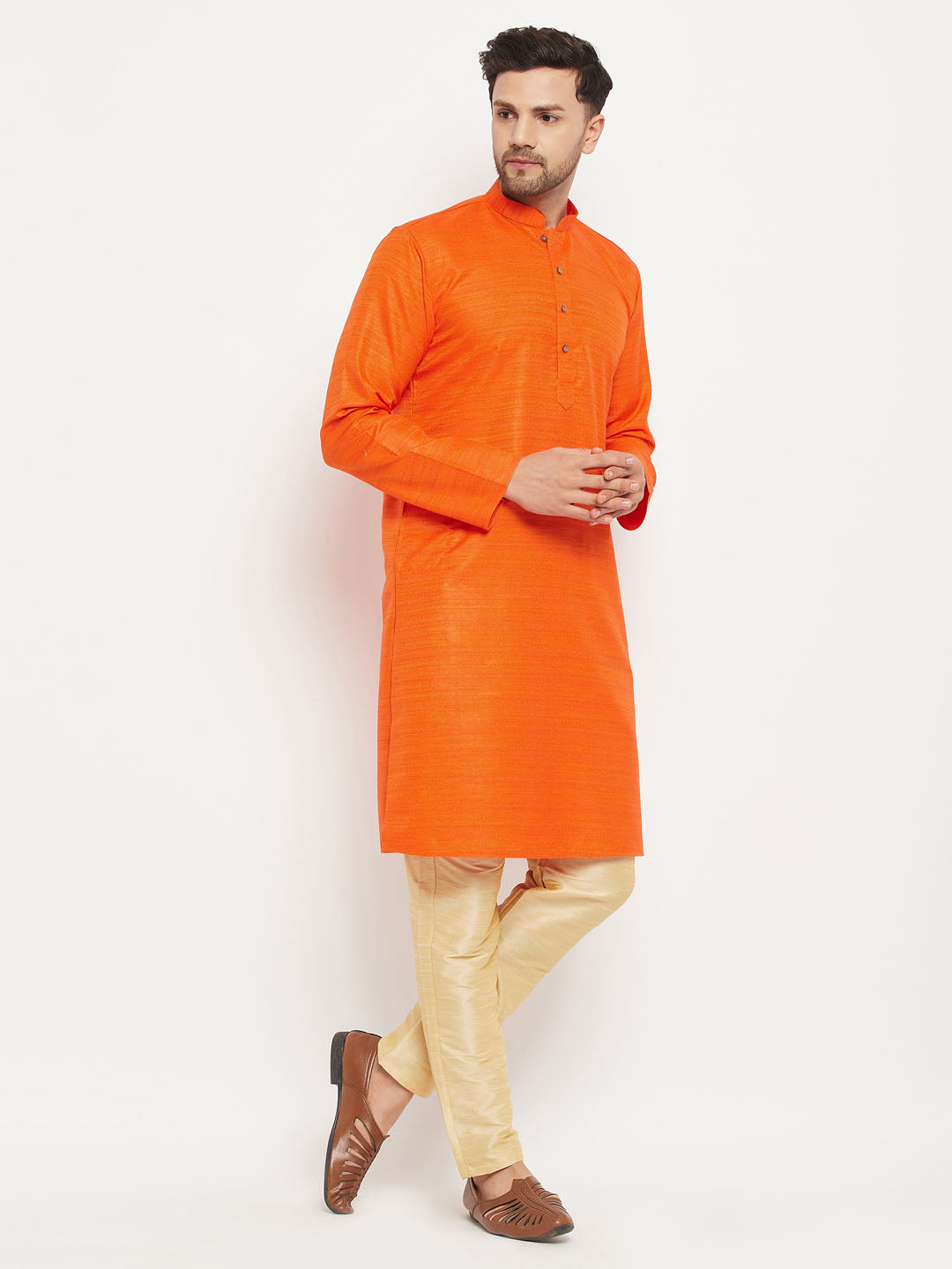 vastramay mens orange matla silk kurta and gold pant style pyjama set