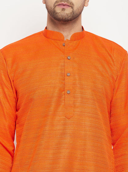 vastramay mens orange matla silk kurta and gold pant style pyjama set