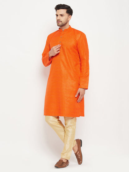 vastramay mens orange matla silk kurta and gold pant style pyjama set