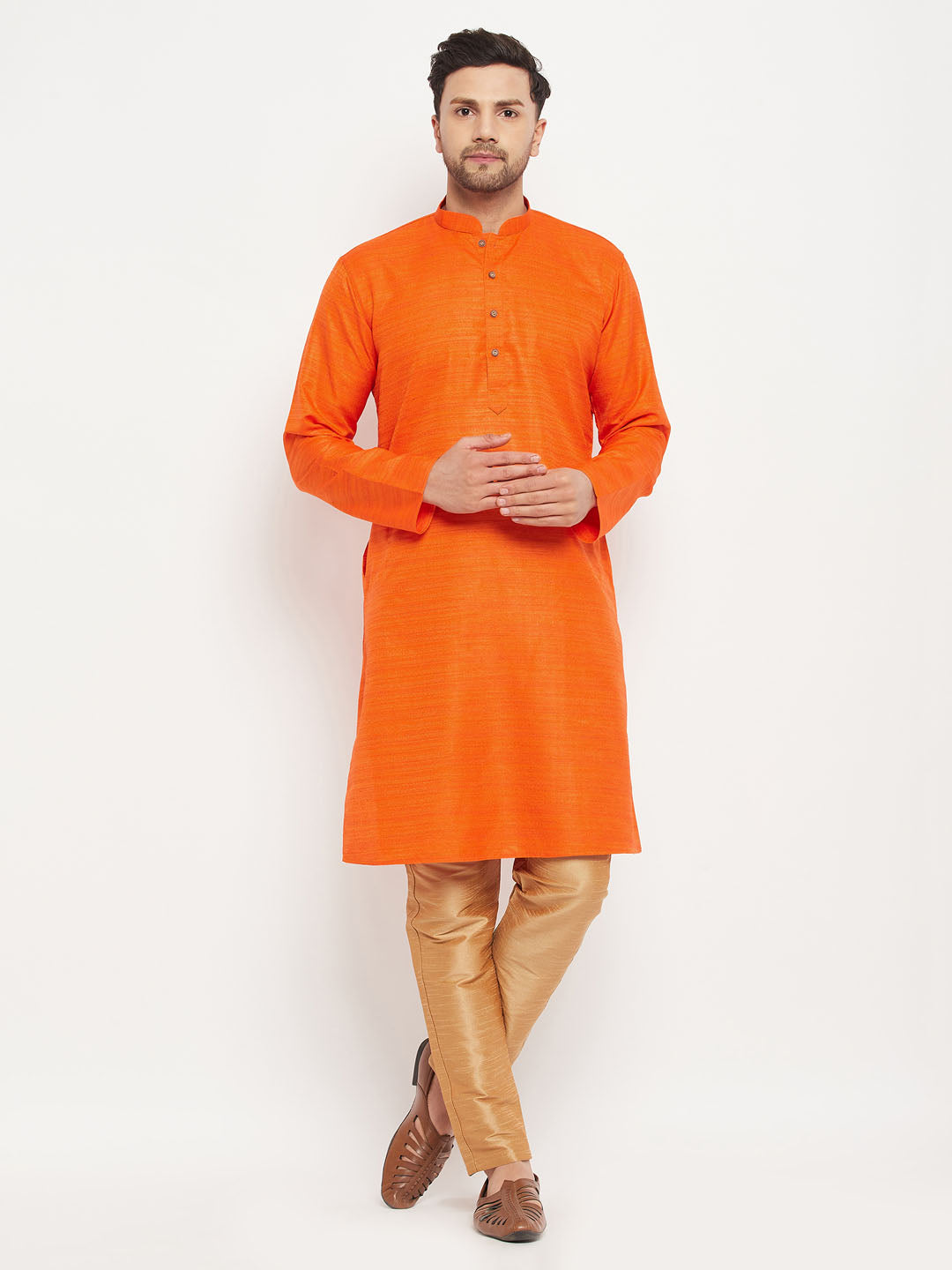 vastramay mens orange matka silk kurta and rose gold pant style pyjama set