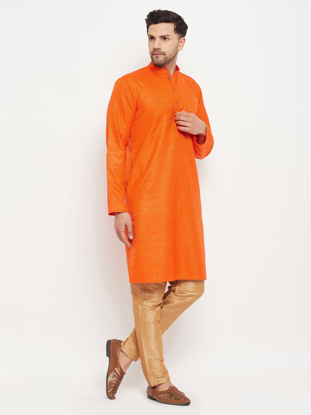 vastramay mens orange matka silk kurta and rose gold pant style pyjama set