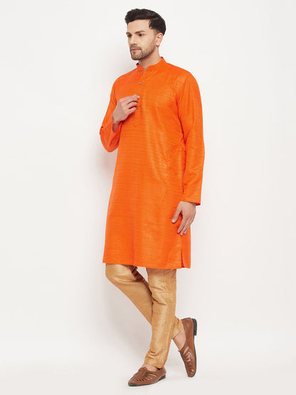 vastramay mens orange matka silk kurta and rose gold pant style pyjama set