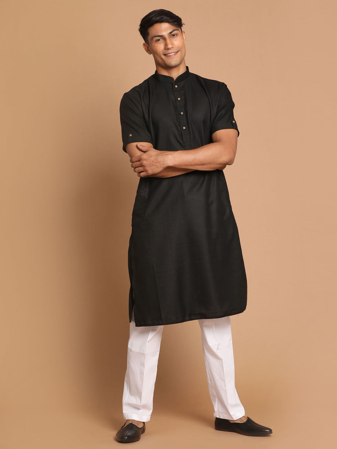 Vastramay mens black solid kurta with white pant style cotton pyjama set